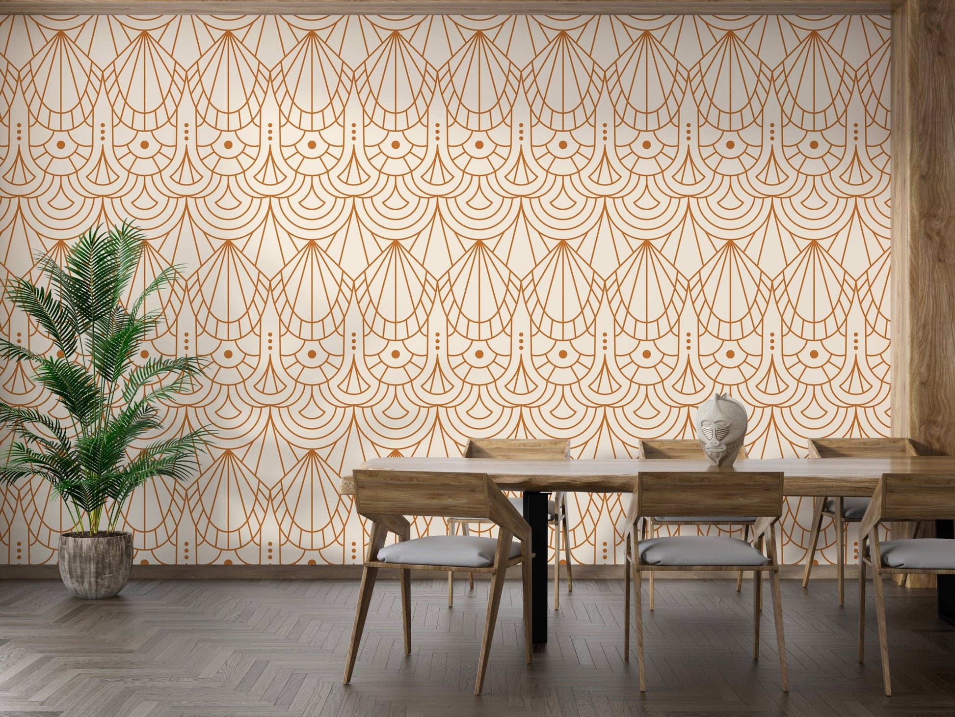 Symmetrical line art wallpaper behind a wooden dining table with four chairs.