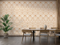 Symmetrical line art wallpaper behind a wooden dining table with four chairs.