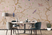 Beige Blossom Bird Wall Mural - Wallanza
