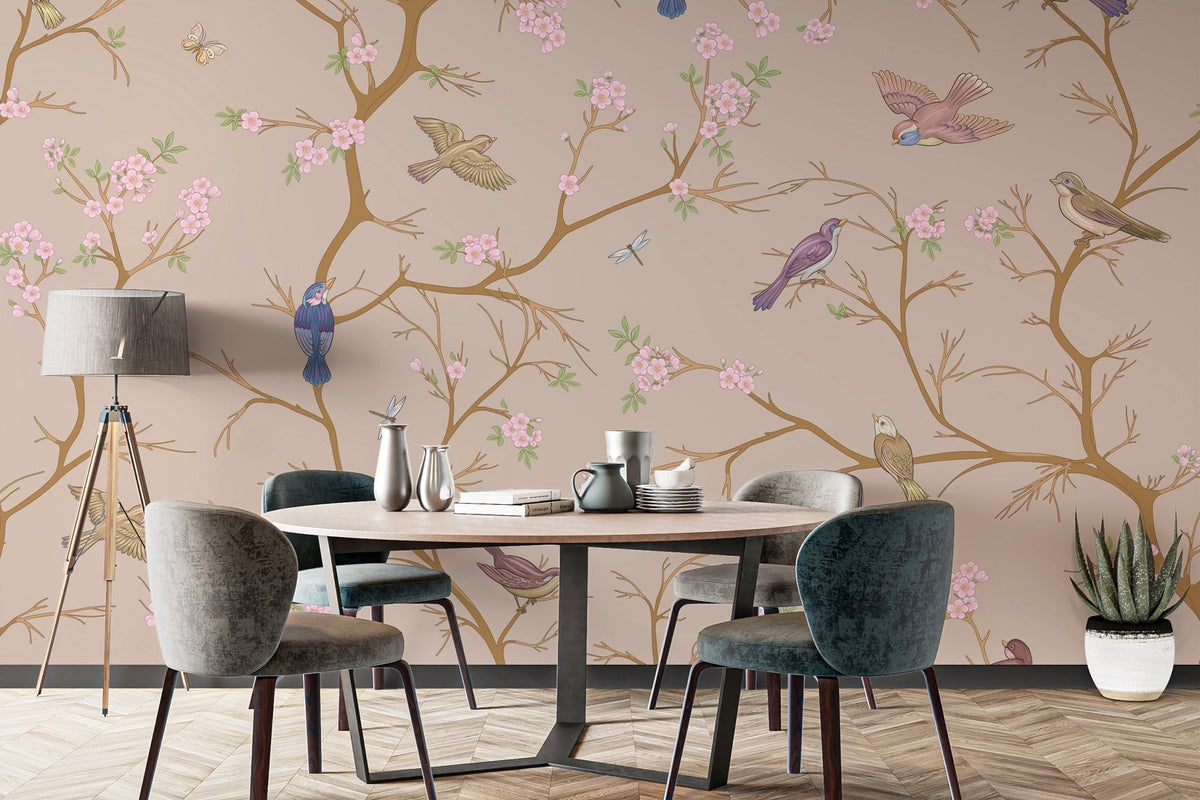Modern apartment wall decor featuring a bird and branch wallpaper.