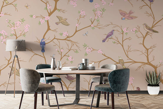 Modern apartment wall decor featuring a bird and branch wallpaper.