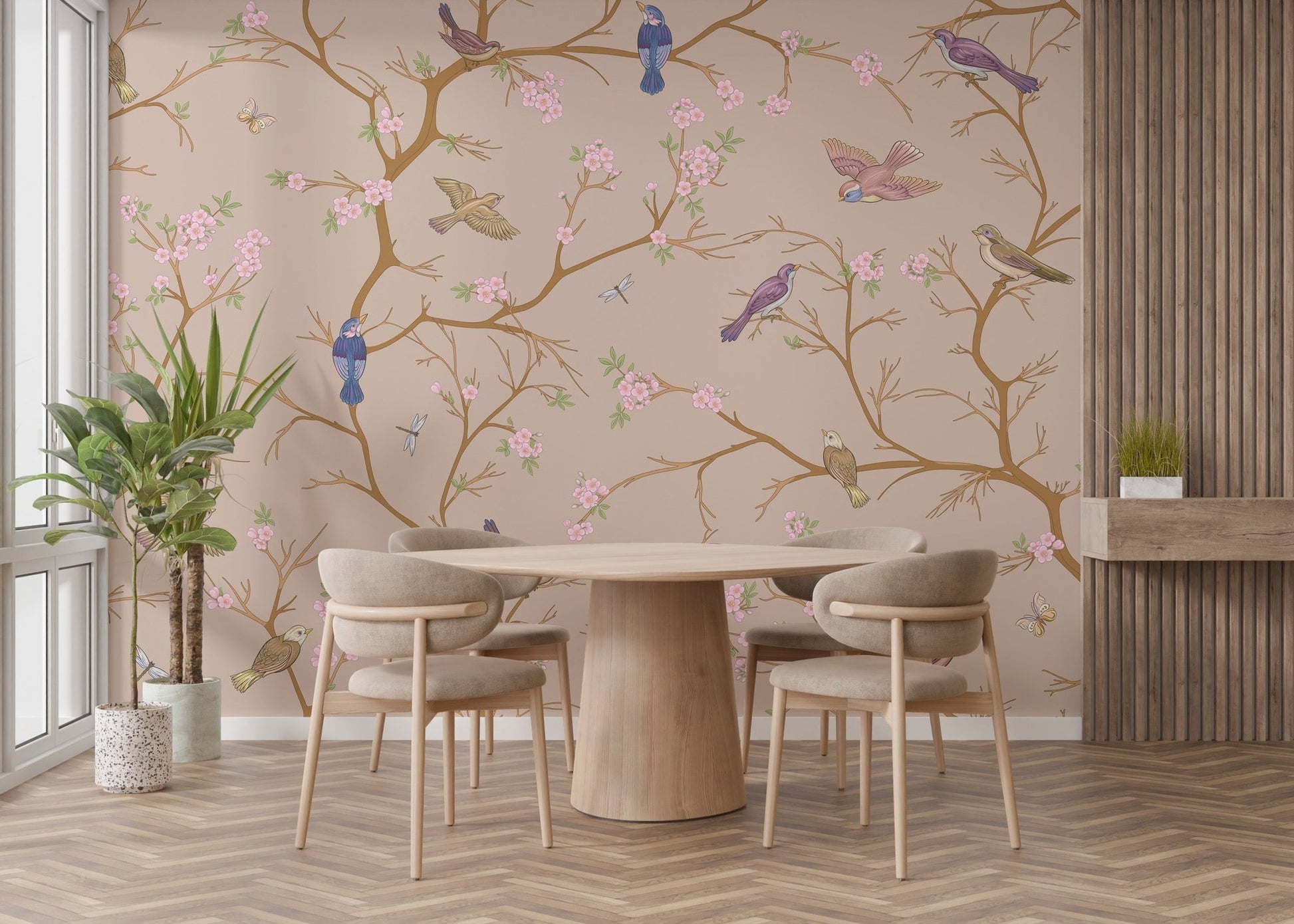 Beige Blossom Bird Wall Mural - Wallanza