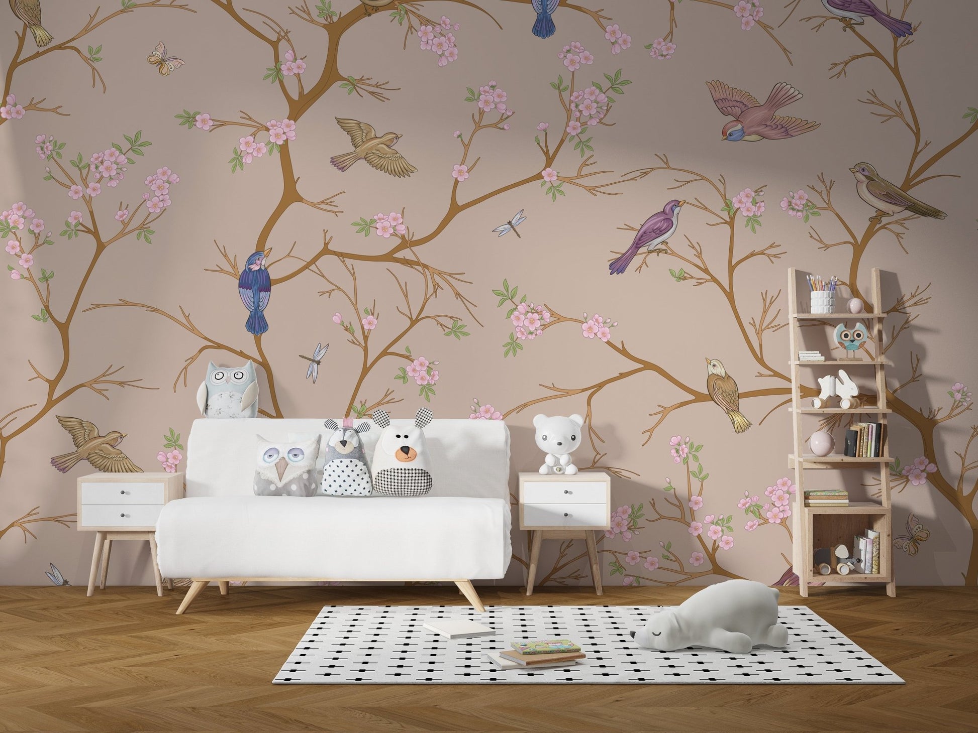 Beige Blossom Bird Wall Mural - Wallanza