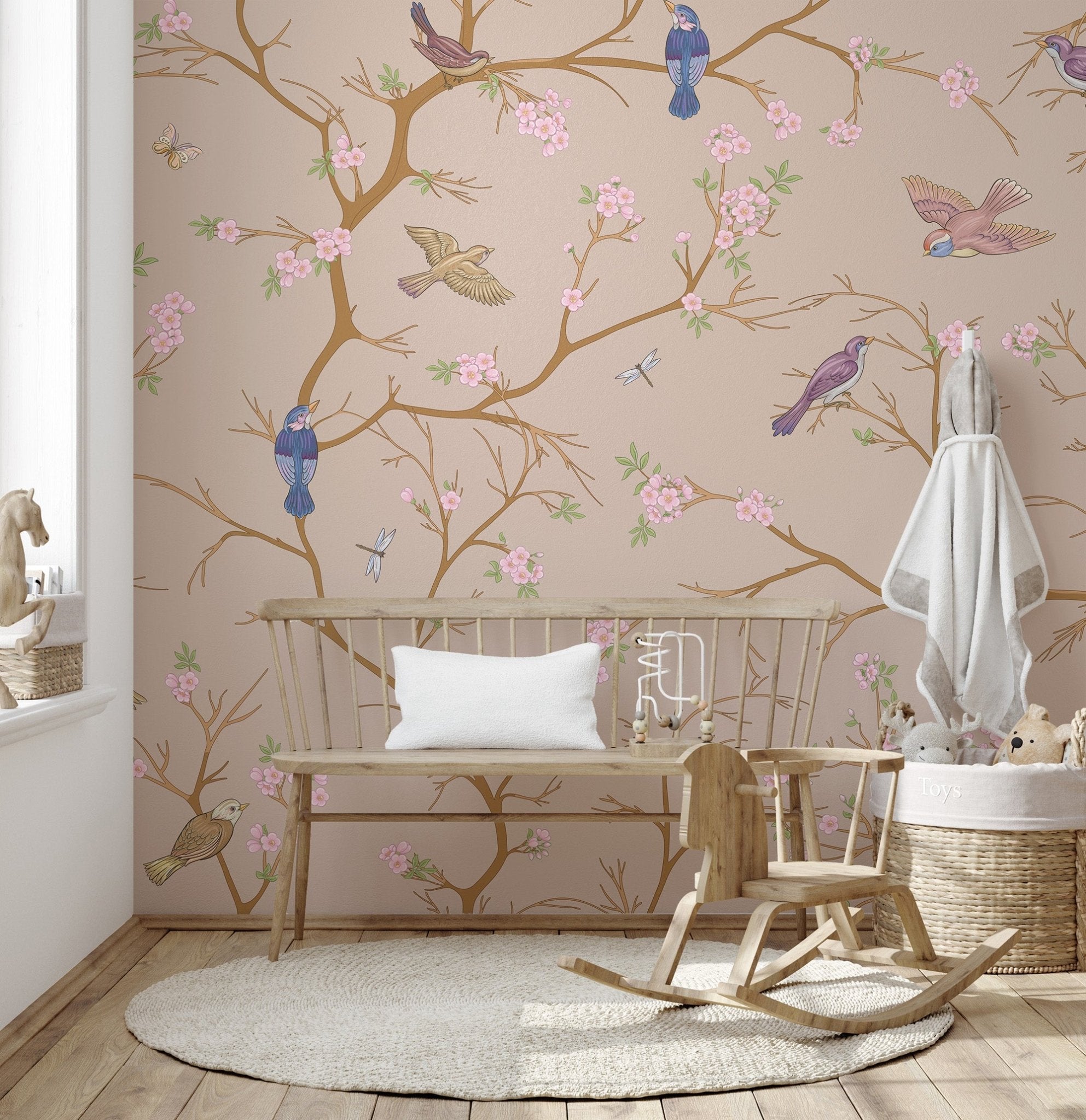 Beige blossom bird wall mural with pink flowers and songbirds.