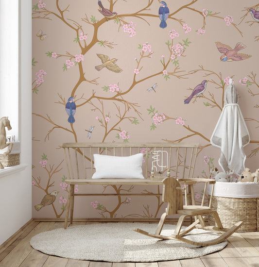 Beige blossom bird wall mural with pink flowers and songbirds.