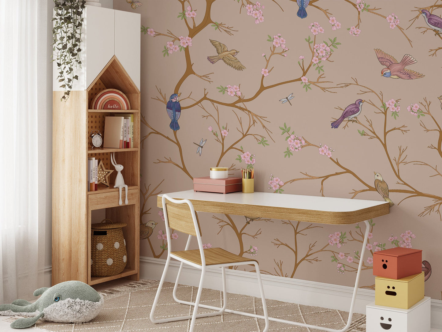 Beige Blossom Bird Wall Mural - Wallanza