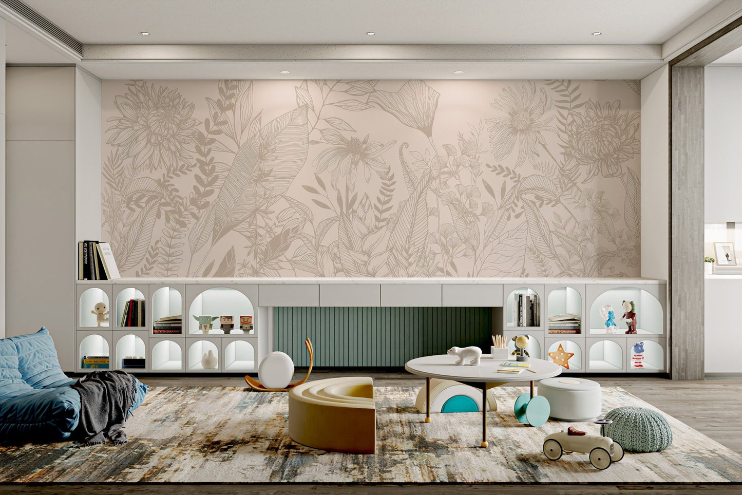 Botanical-themed wall mural with hand-drawn flowers and leaves for playroom.