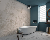 Beige wall mural with hand-drawn flowers and fern leaves for bathroom.