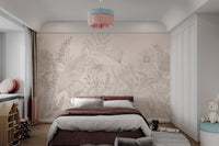 Elegant beige wall mural featuring intricate floral line art for bedroom.