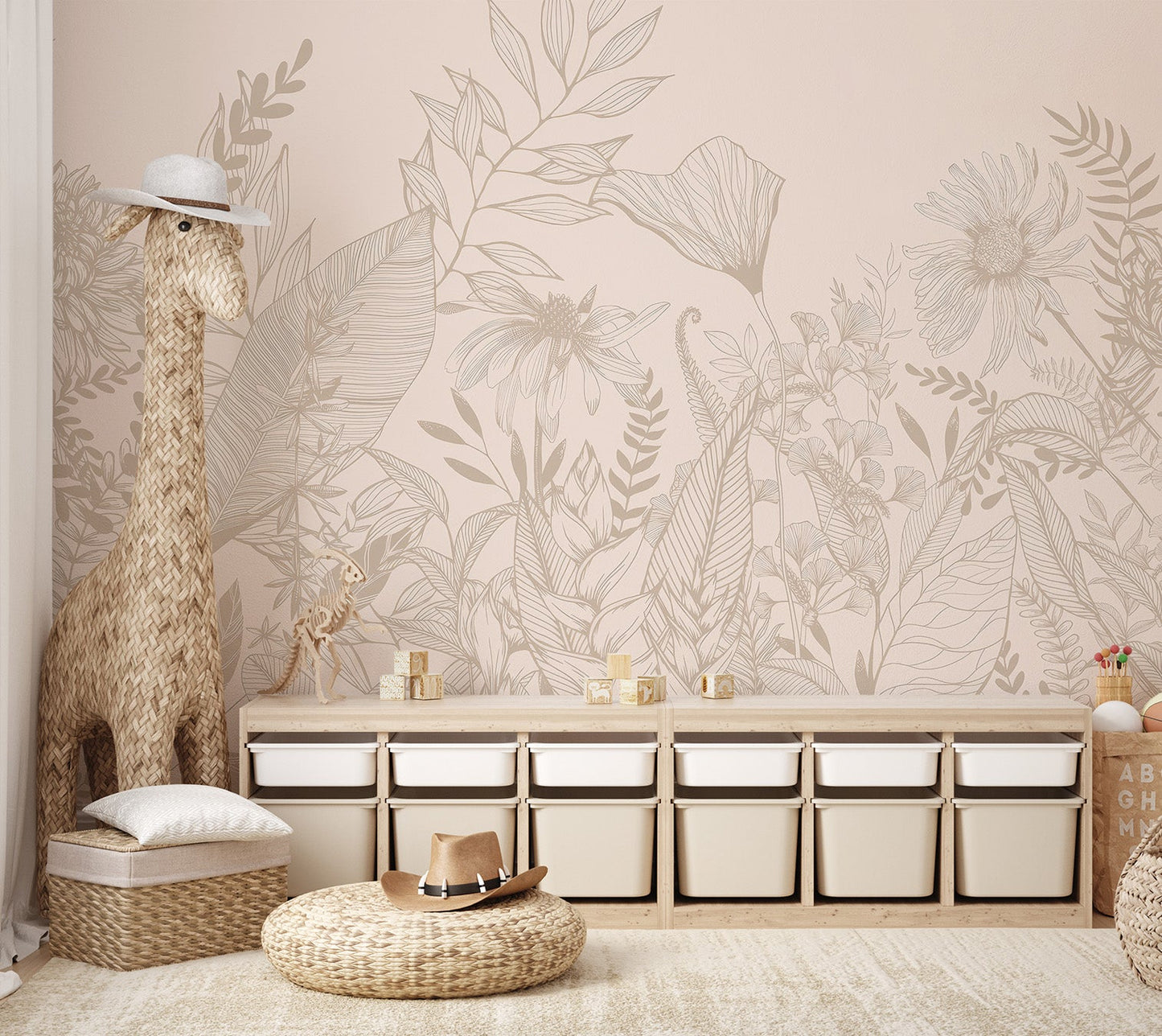 Minimalist botanical wall mural featuring beige floral and plant illustrations.