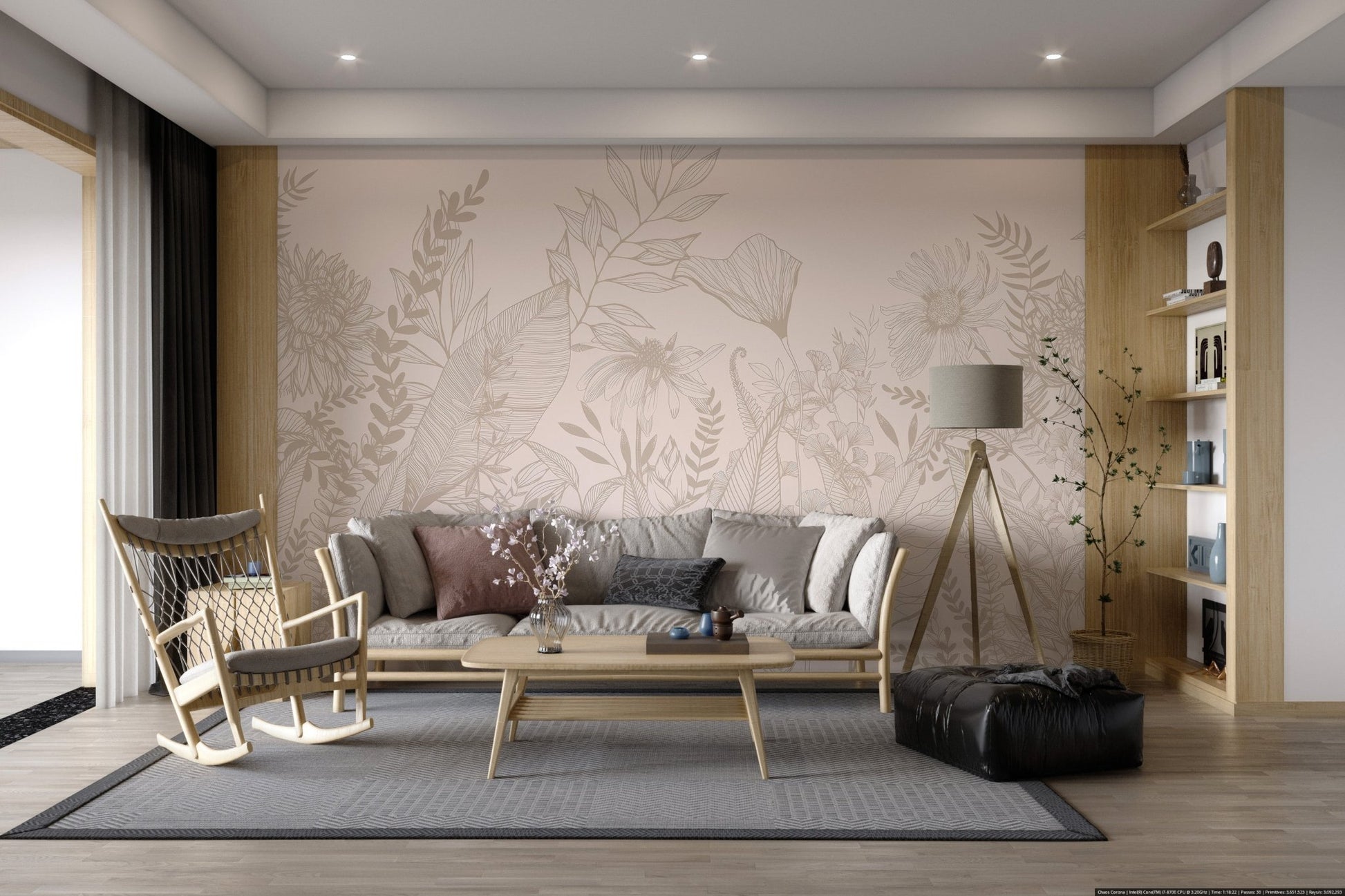 Beige Botanical Floral Line Art Wall mural for living room interior.