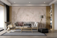 Beige Botanical Floral Line Art Wall mural for living room interior.