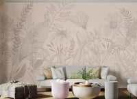 Beige botanical wall mural with detailed floral line art for living room.