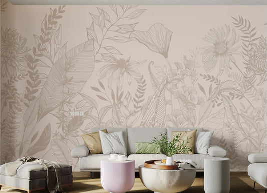 Beige botanical wall mural with detailed floral line art for living room.