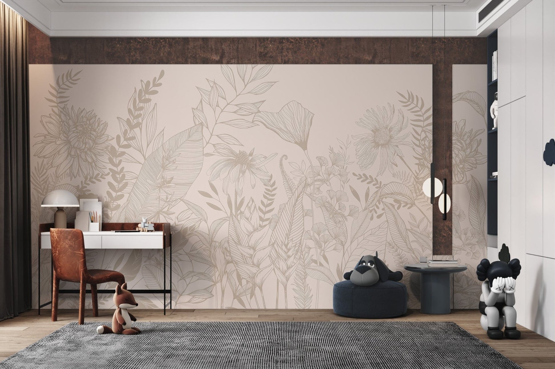 Soft beige wall mural with sketched botanical patterns for study room.
