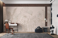 Soft beige wall mural with sketched botanical patterns for study room.