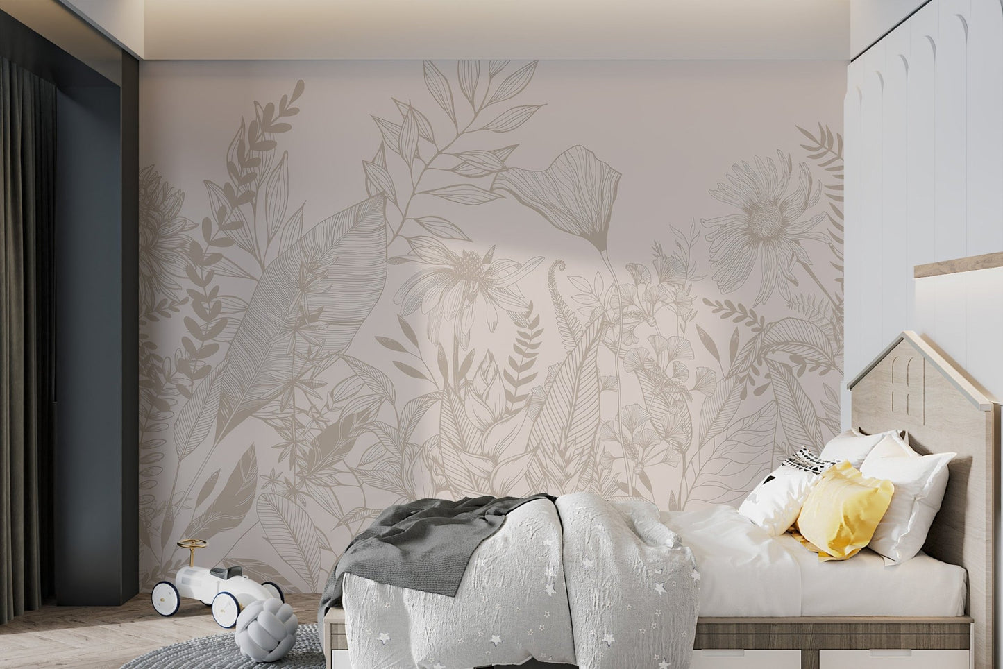Beige floral wall mural with line art depictions of flowers for kids bedroom.