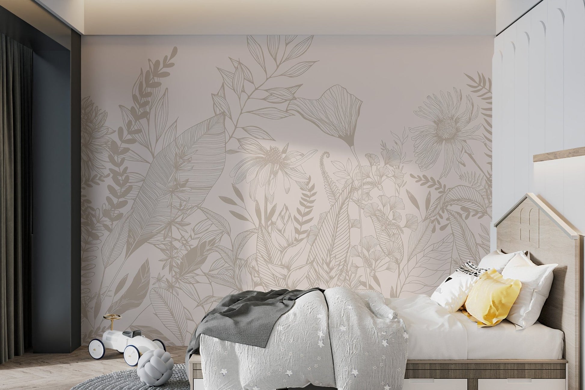 Beige floral wall mural with line art depictions of flowers for kids bedroom.
