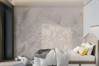 Beige floral wall mural with line art depictions of flowers for kids bedroom.