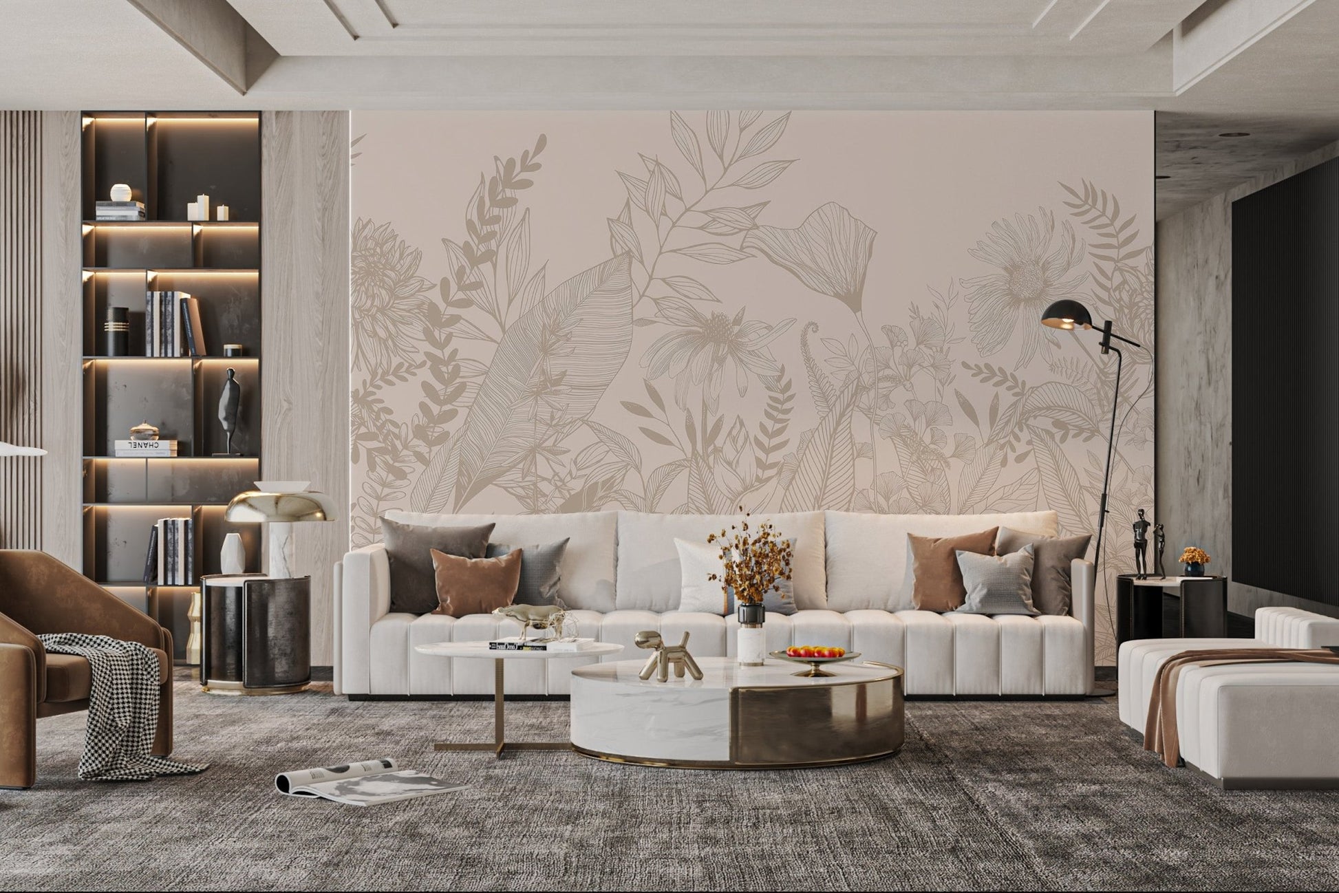 Line art floral wall mural with beige shades and detailed botanical patterns.