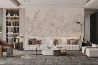 Line art floral wall mural with beige shades and detailed botanical patterns.