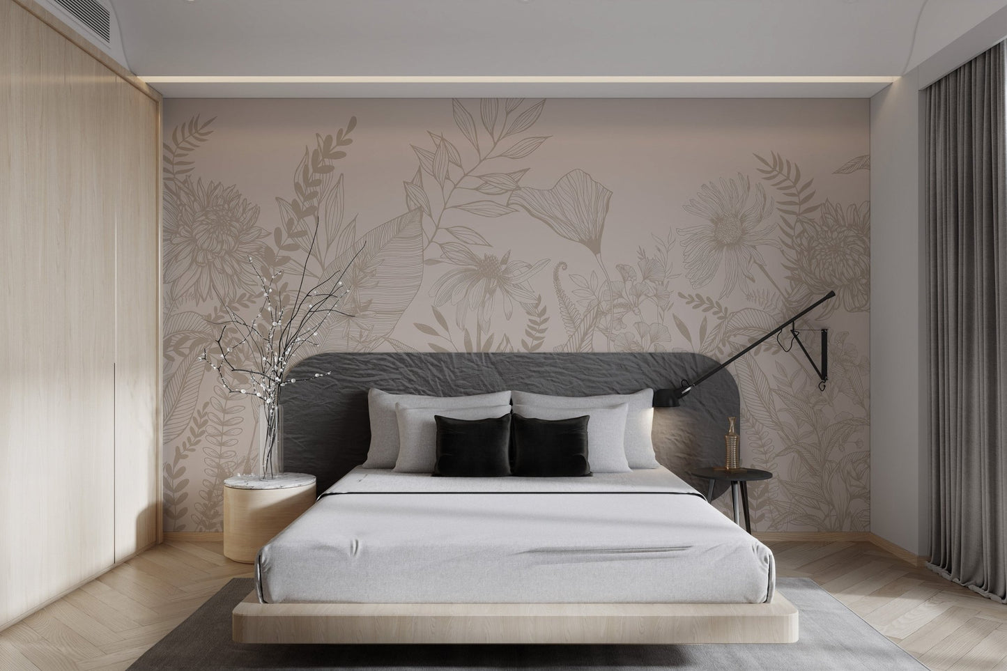 Light beige background with floral line art wall mural for bedroom.