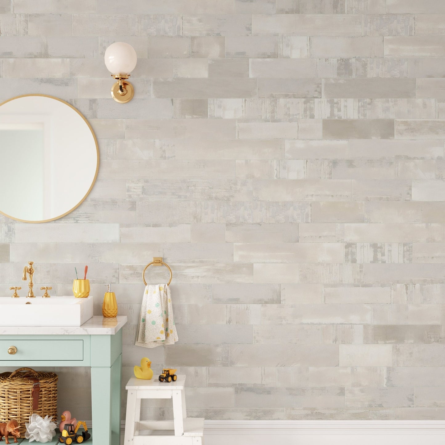 Understated beige faux brick wall mural in a bathroom with mirror.