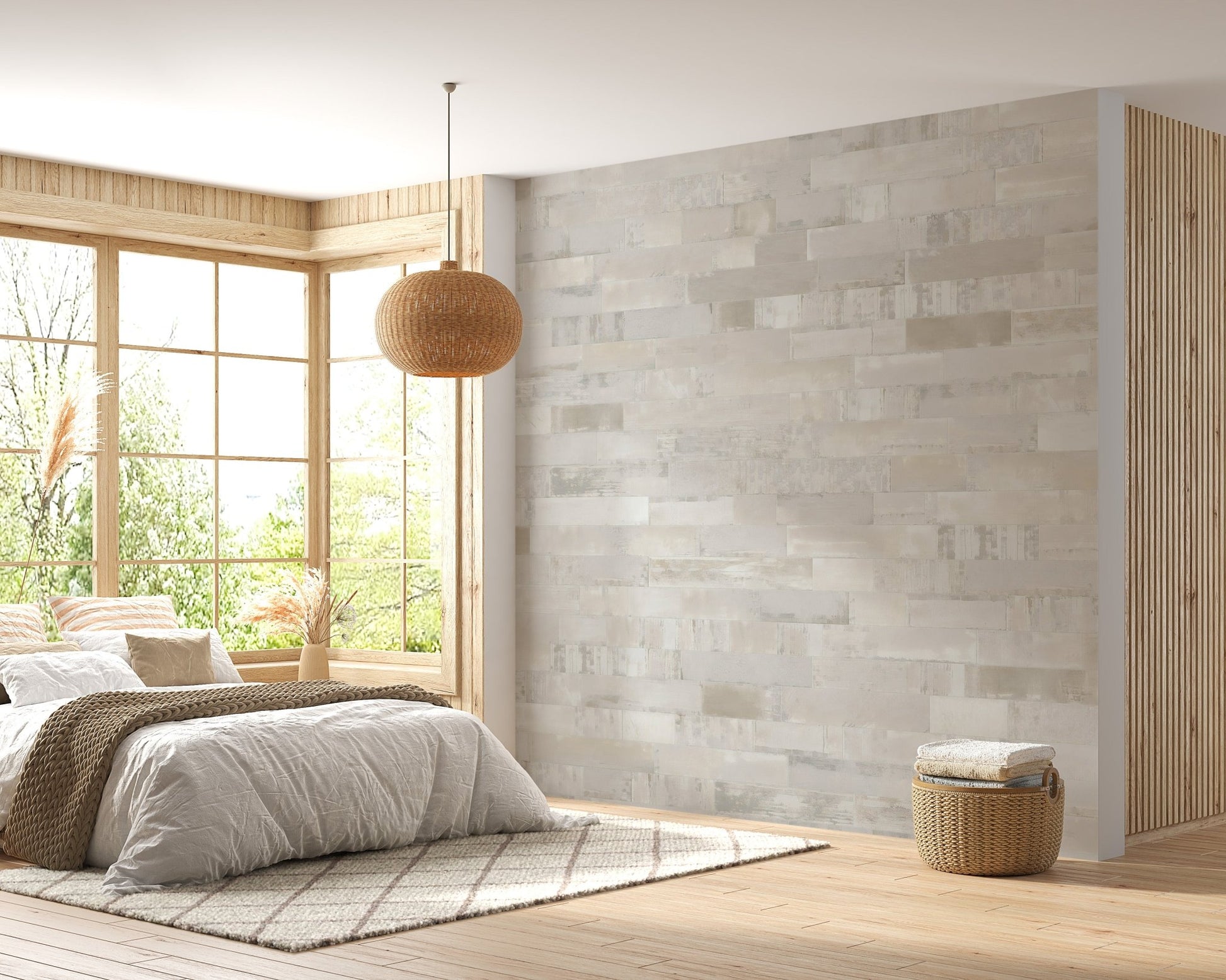 Beige stone-like brick mural with realistic textures in a bedroom.