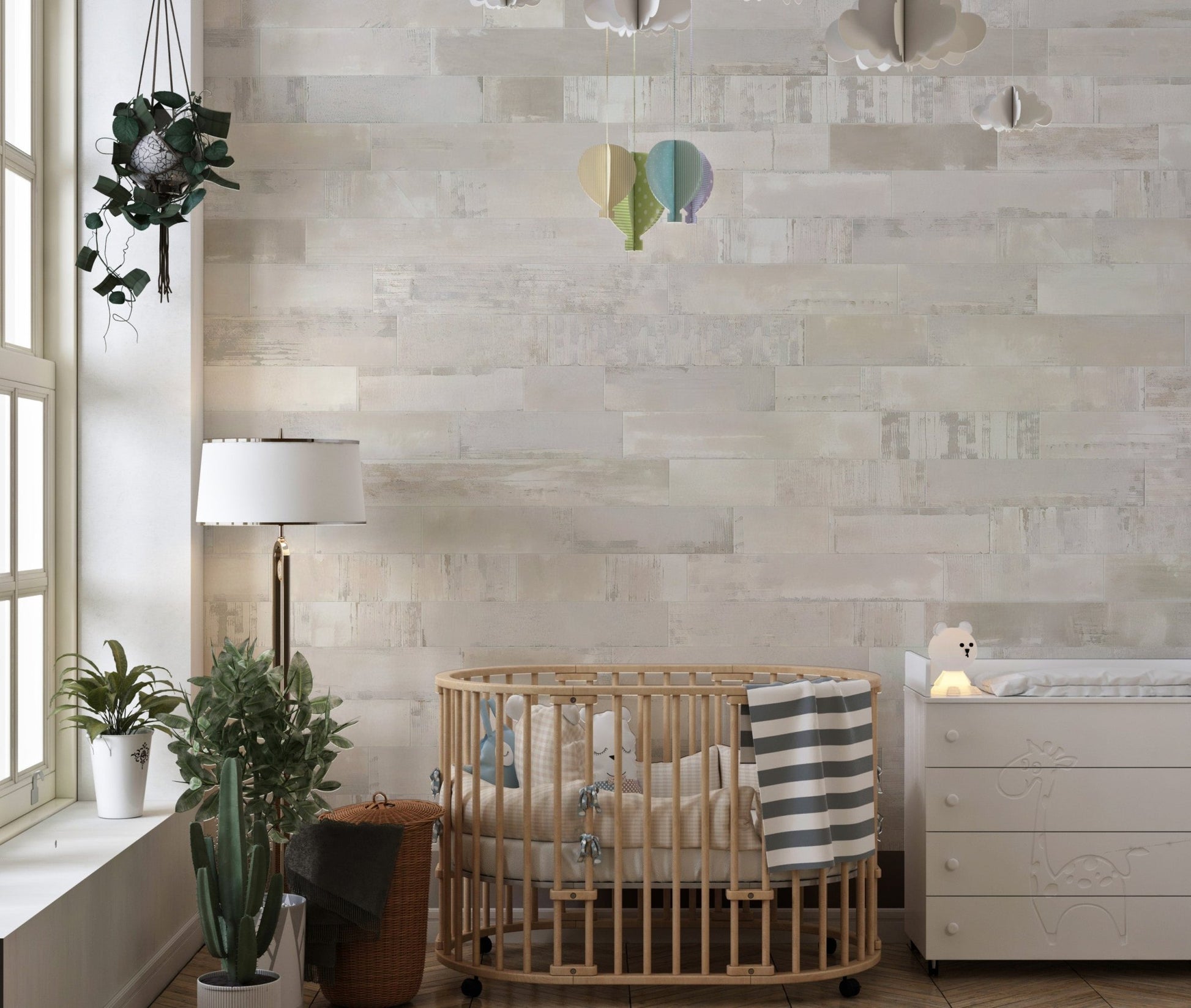 Detailed brick pattern mural creating a cozy and warm aesthetic in nursery.