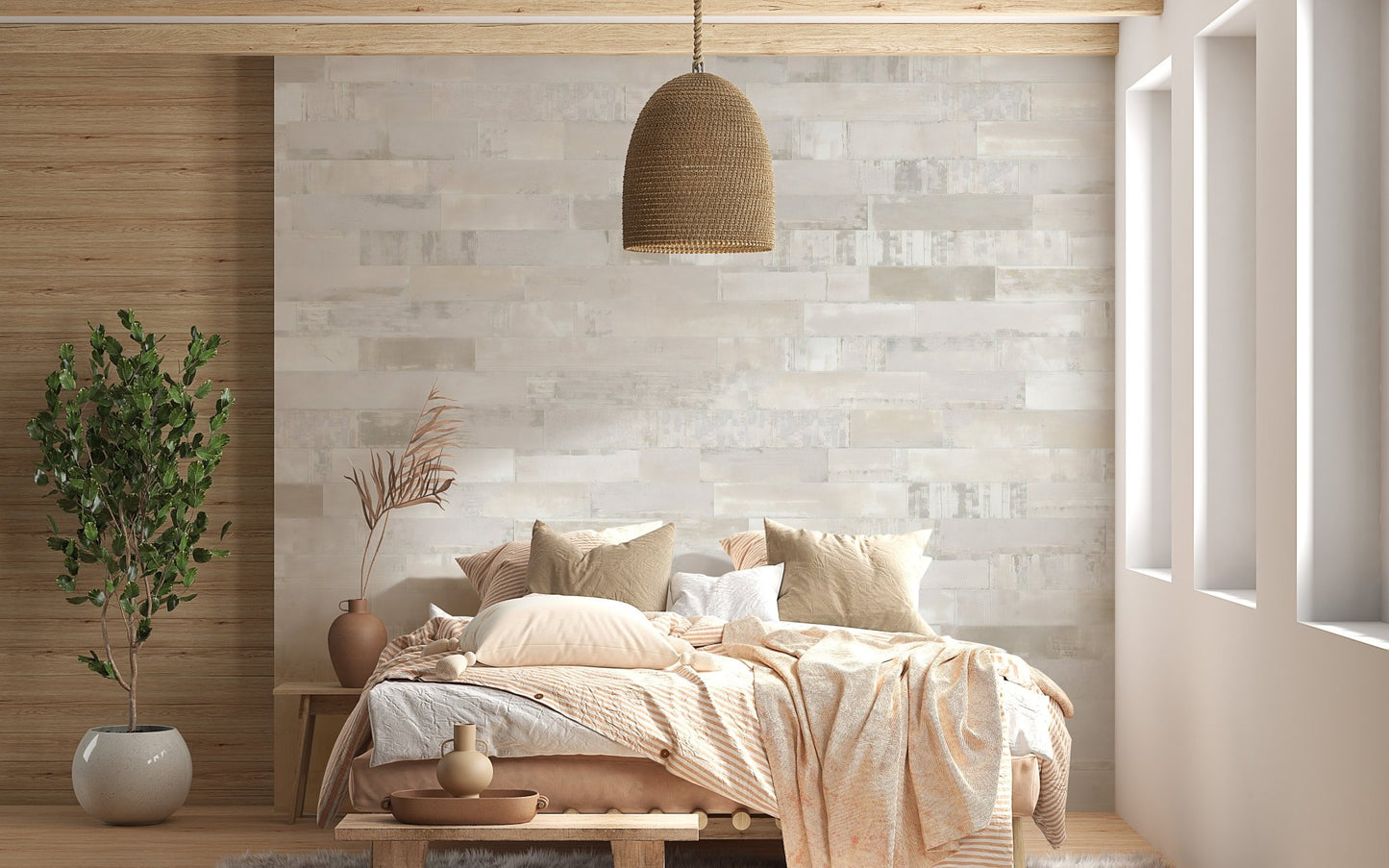 Textured brick wall mural in a master bedroom with warm wood paneling.