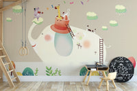 Minimalist study space with Beige Cartoon Elephant Wall mural and wooden chair.