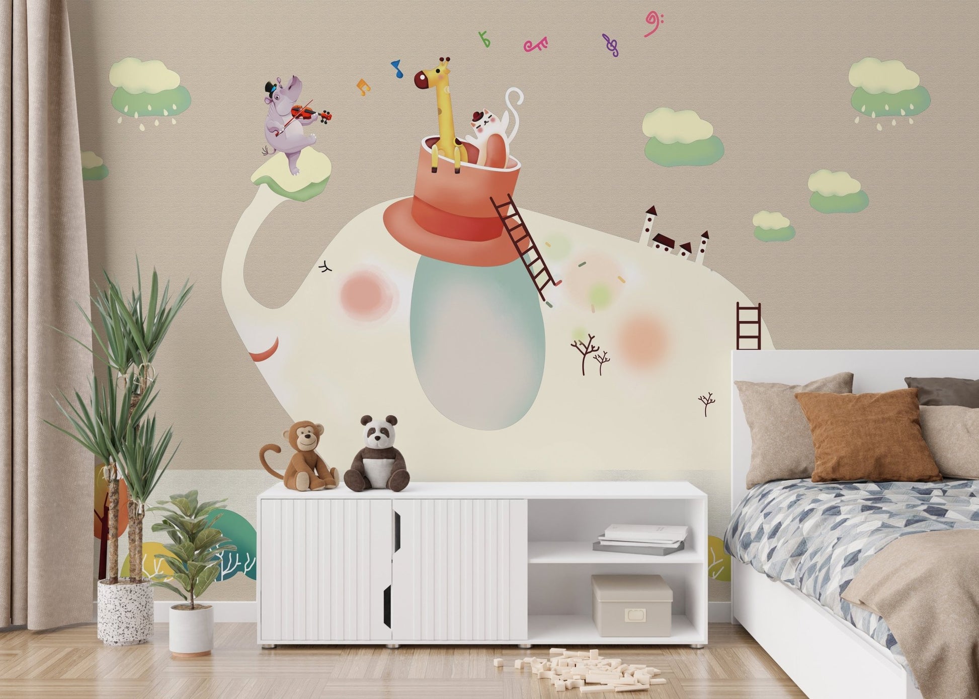 Bedroom interior with a white cabinet and Beige Cartoon Elephant Wall mural.