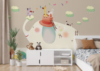 Bedroom interior with a white cabinet and Beige Cartoon Elephant Wall mural.