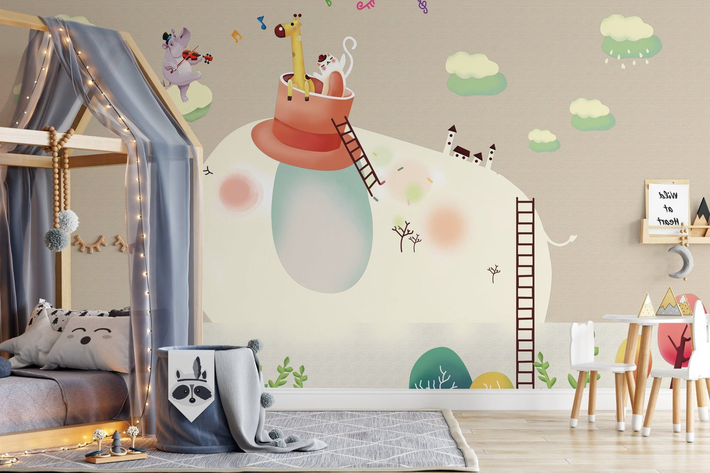 Modern kids room with a grey rug and a beige elephant wall mural.