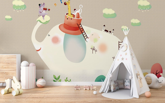 Playroom featuring a beige wall mural with an elephant illustration and a teepee tent.