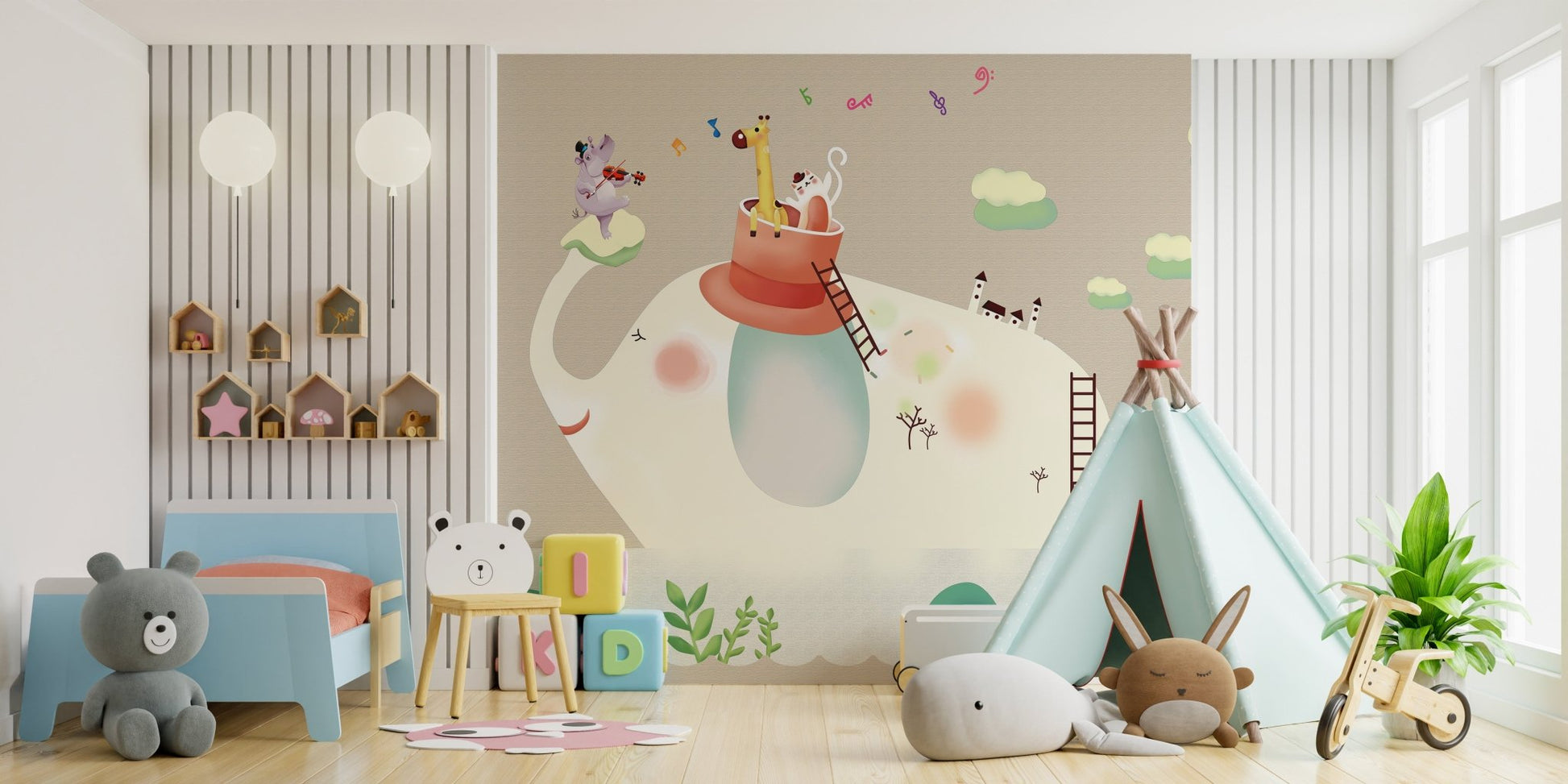 Kids bedroom with Beige Cartoon Elephant Wall mural and a small blue bed.