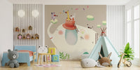 Kids bedroom with Beige Cartoon Elephant Wall mural and a small blue bed.