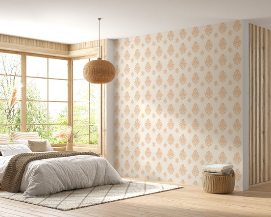 Classical damask wallpaper in a bedroom with large windows and a floor mattress.