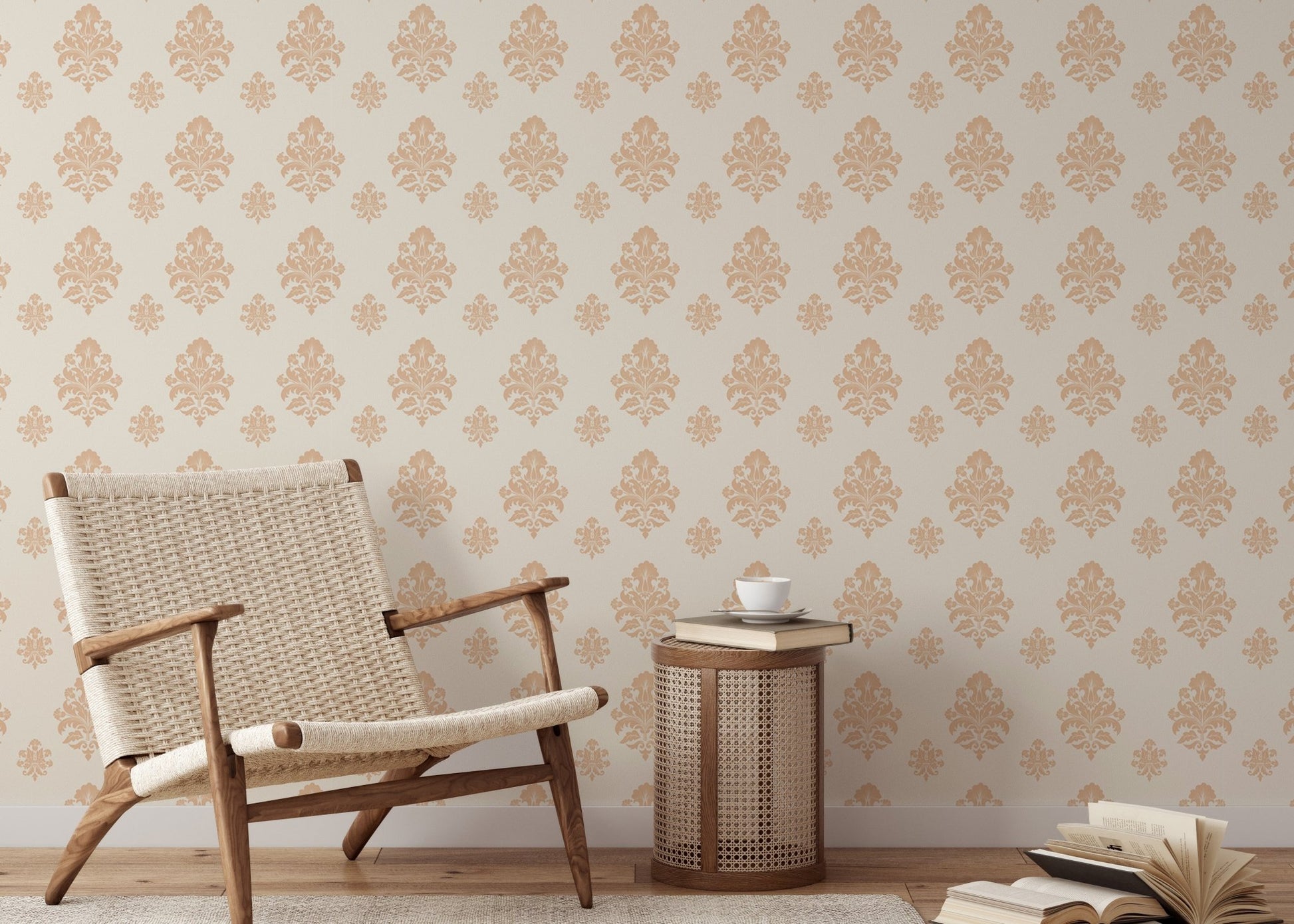 Classical damask wallpaper in a reading area with a woven chair and wooden side table.