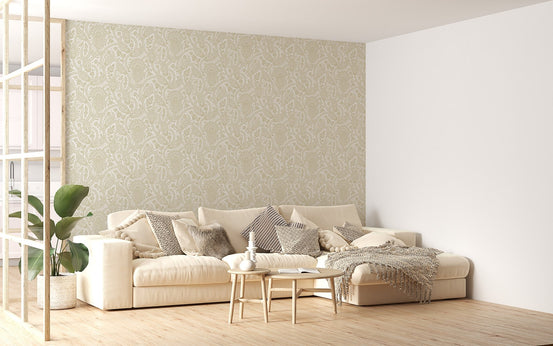 Modern living room featuring a cream sofa and honey paisley wallpaper