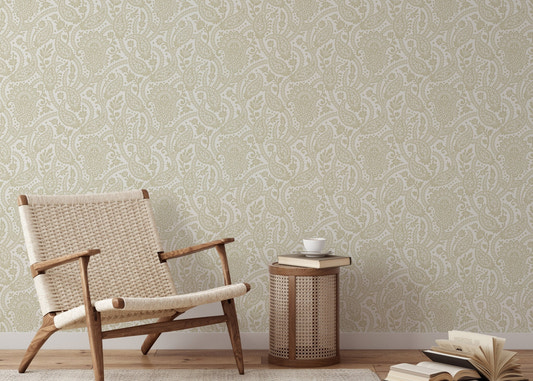 Beige Color Adrian Honey Paisley Wallpaper in a lounge with a woven chair