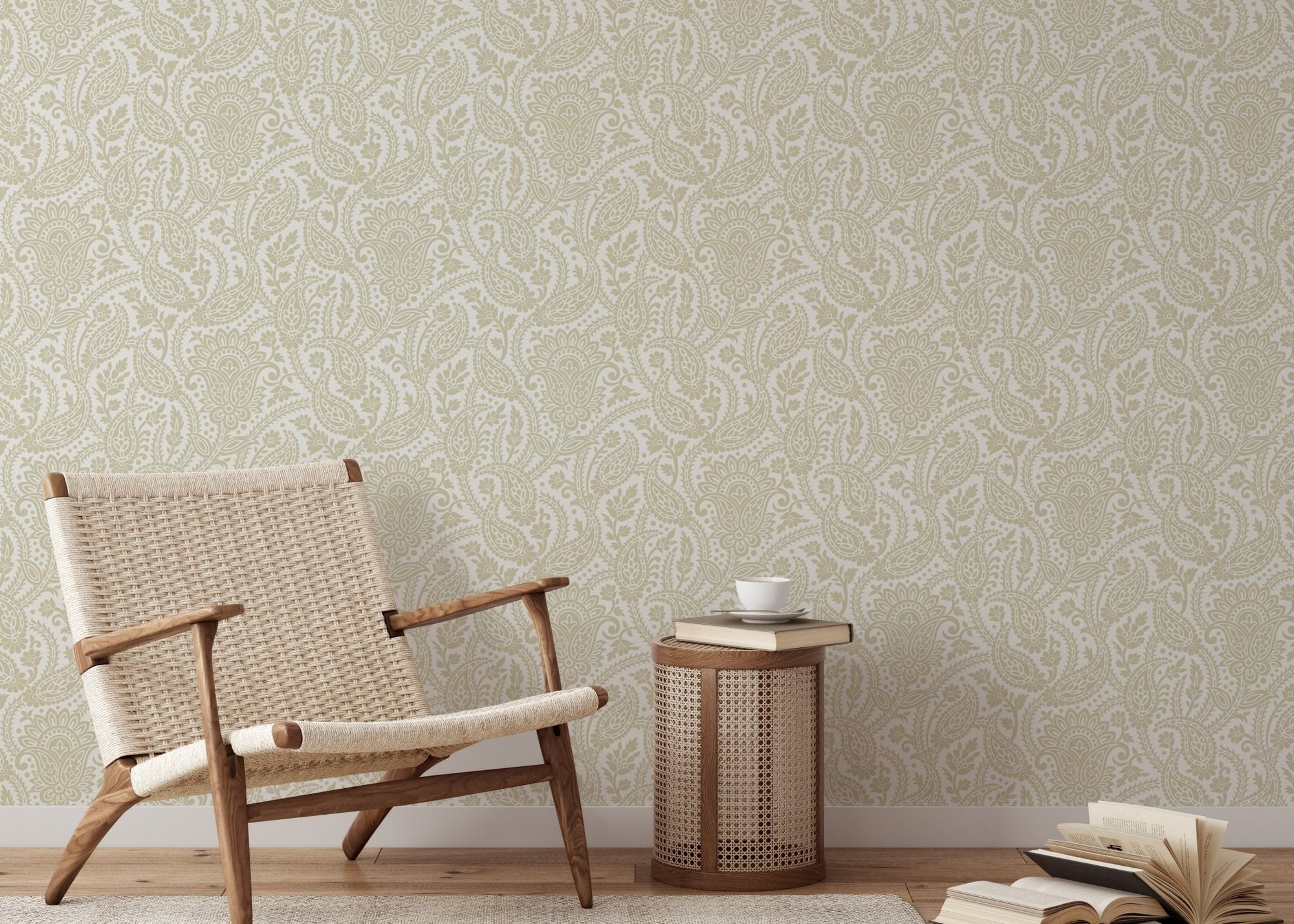 Beige Color Adrian Honey Paisley Wallpaper in a lounge with a woven chair