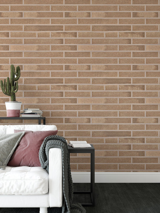Elegant beige brick adhesive wallpaper for living room interiors.