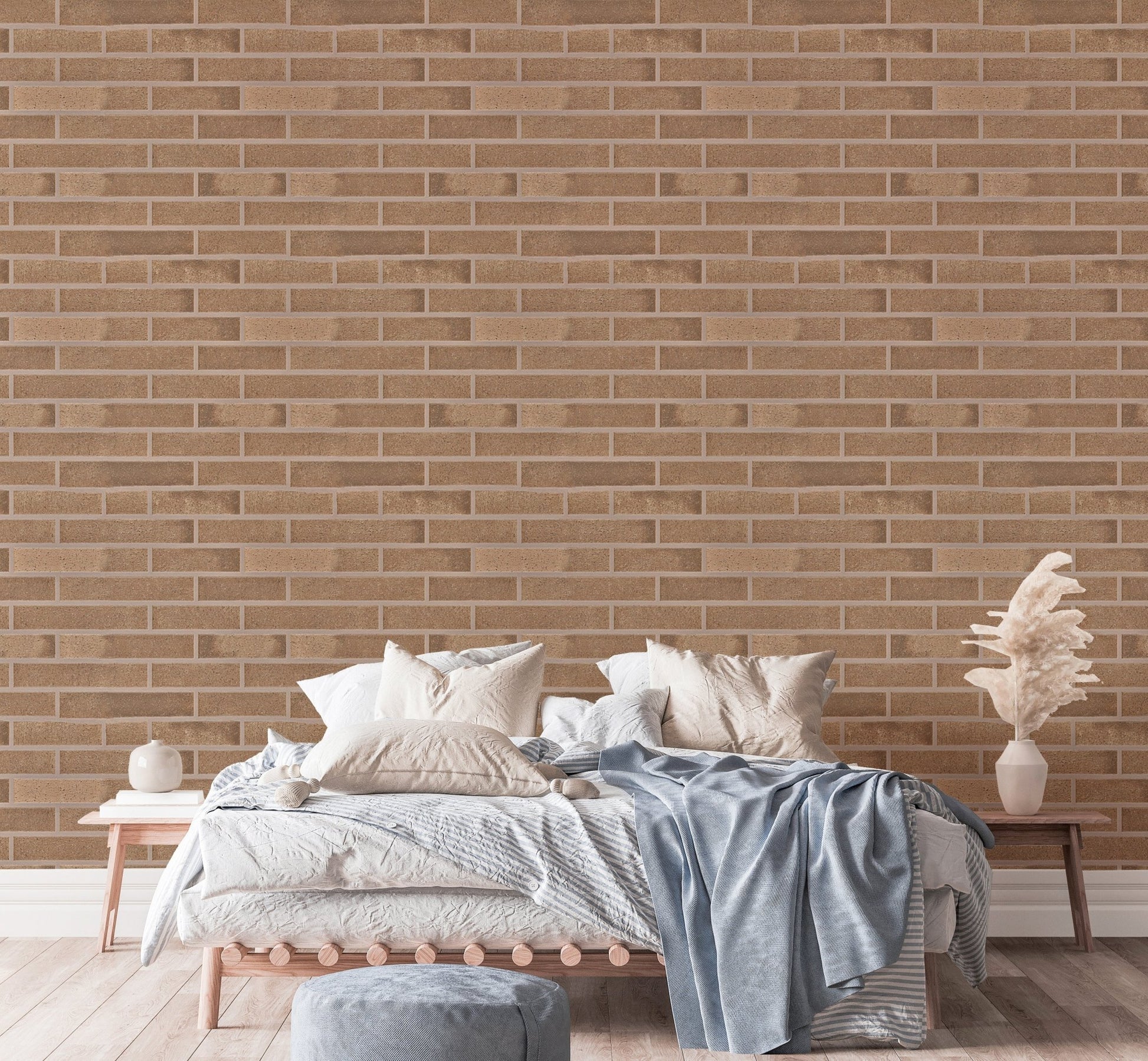 Decorative beige brick wallpaper for easy application in bright bedroom.