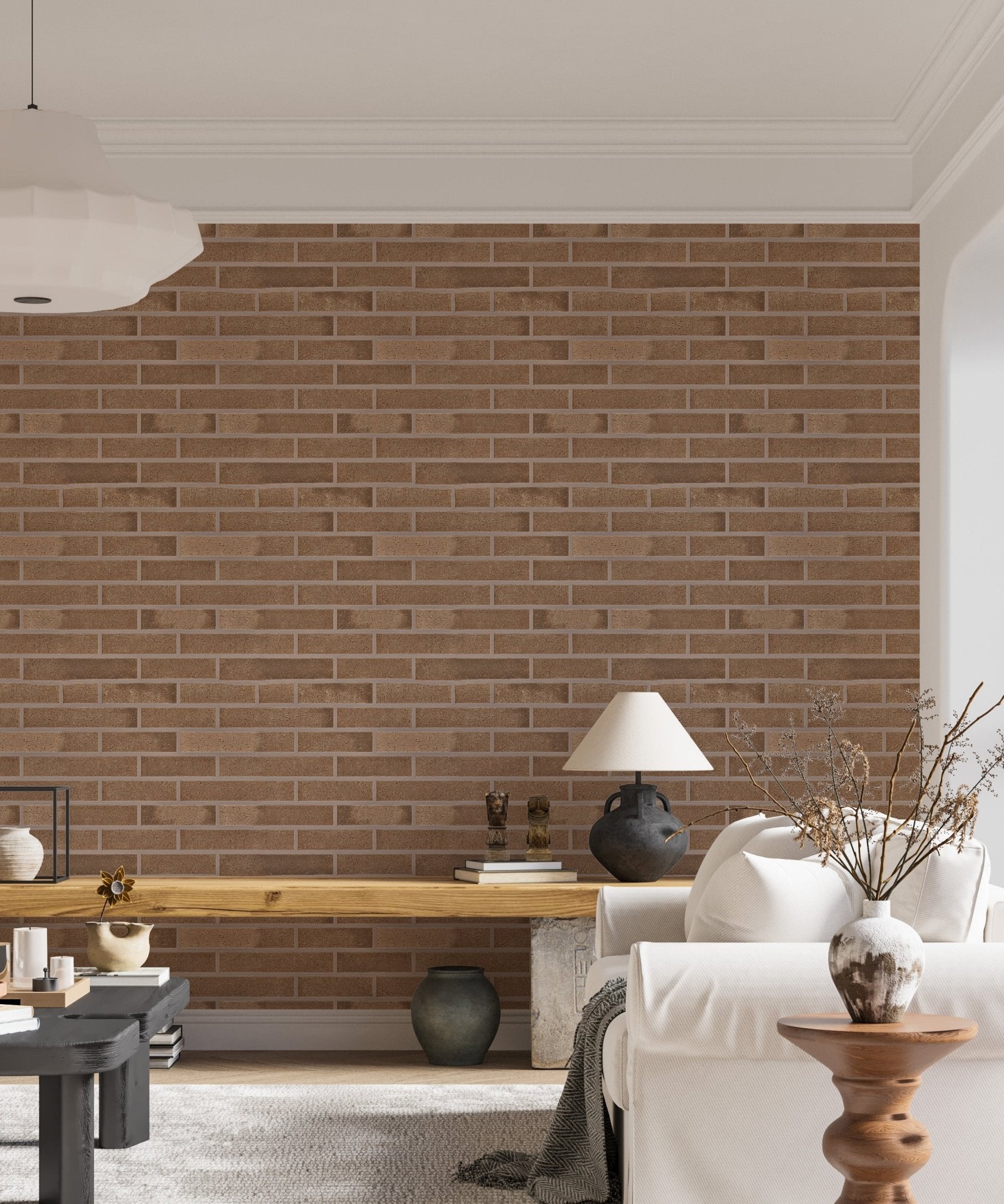 Decorative beige brick wallpaper with adhesive backing in living area.