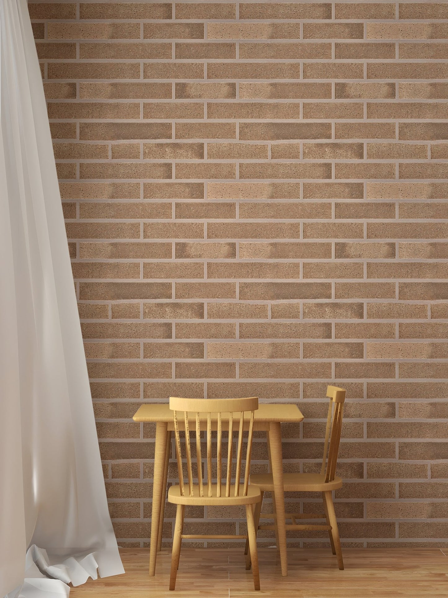 Stylish beige brick design in self-adhesive wallpaper for small dining area.