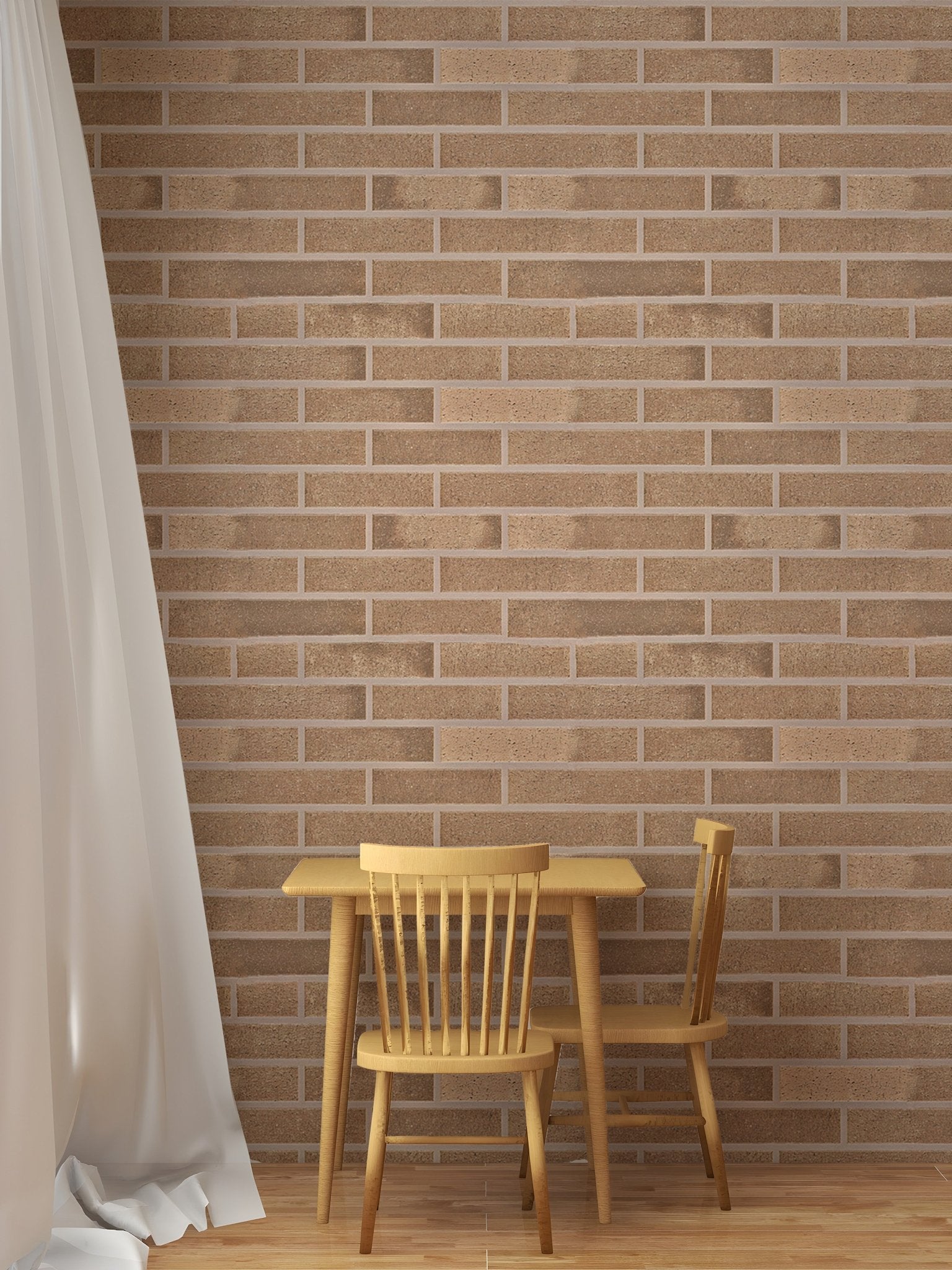 Stylish beige brick design in self-adhesive wallpaper for small dining area.