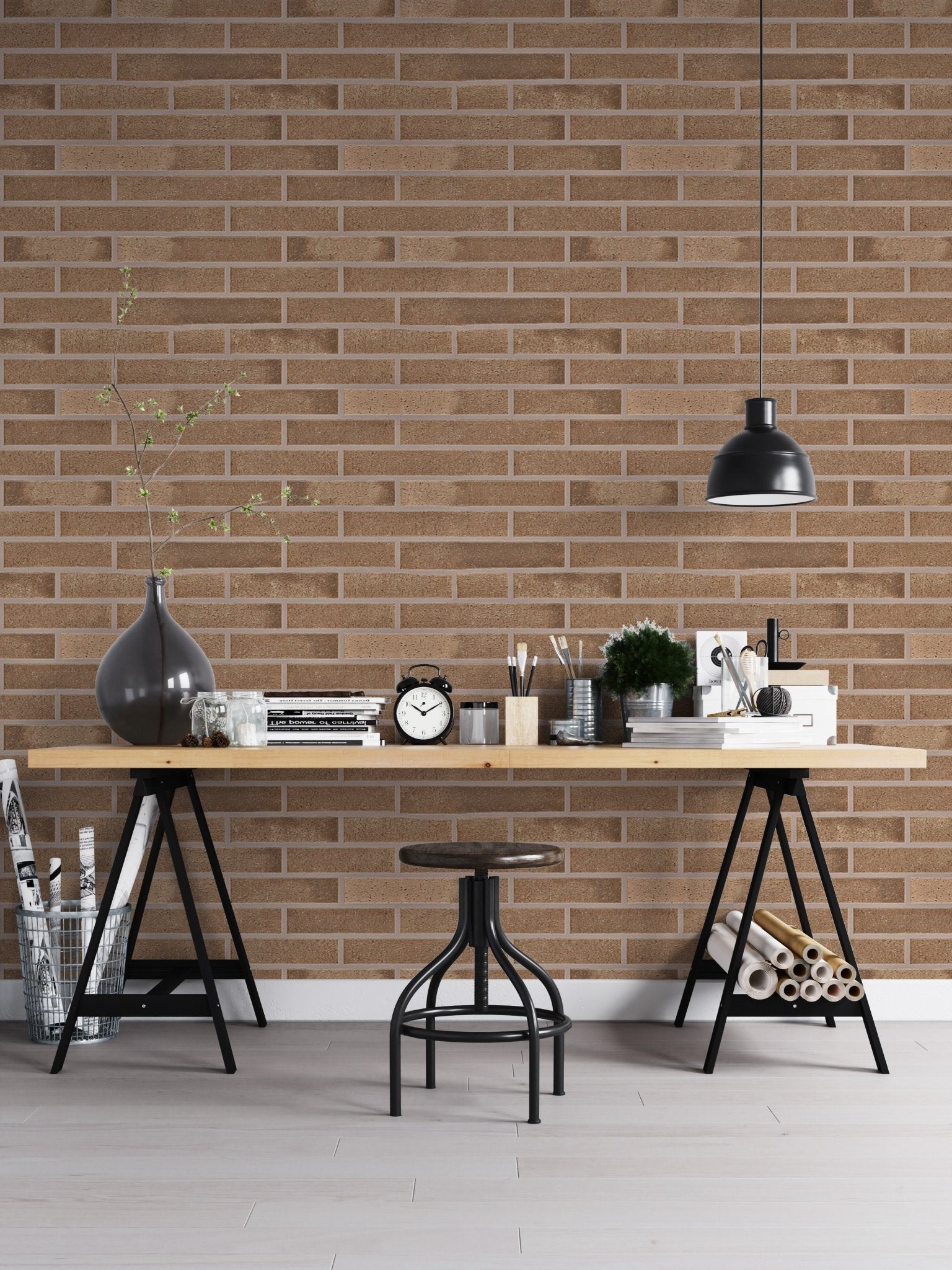 Study area with beige brick wallpaper and a black metal desk.