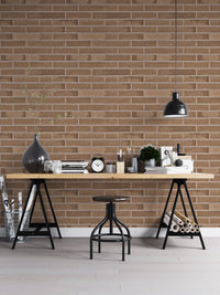 Study area with beige brick wallpaper and a black metal desk.