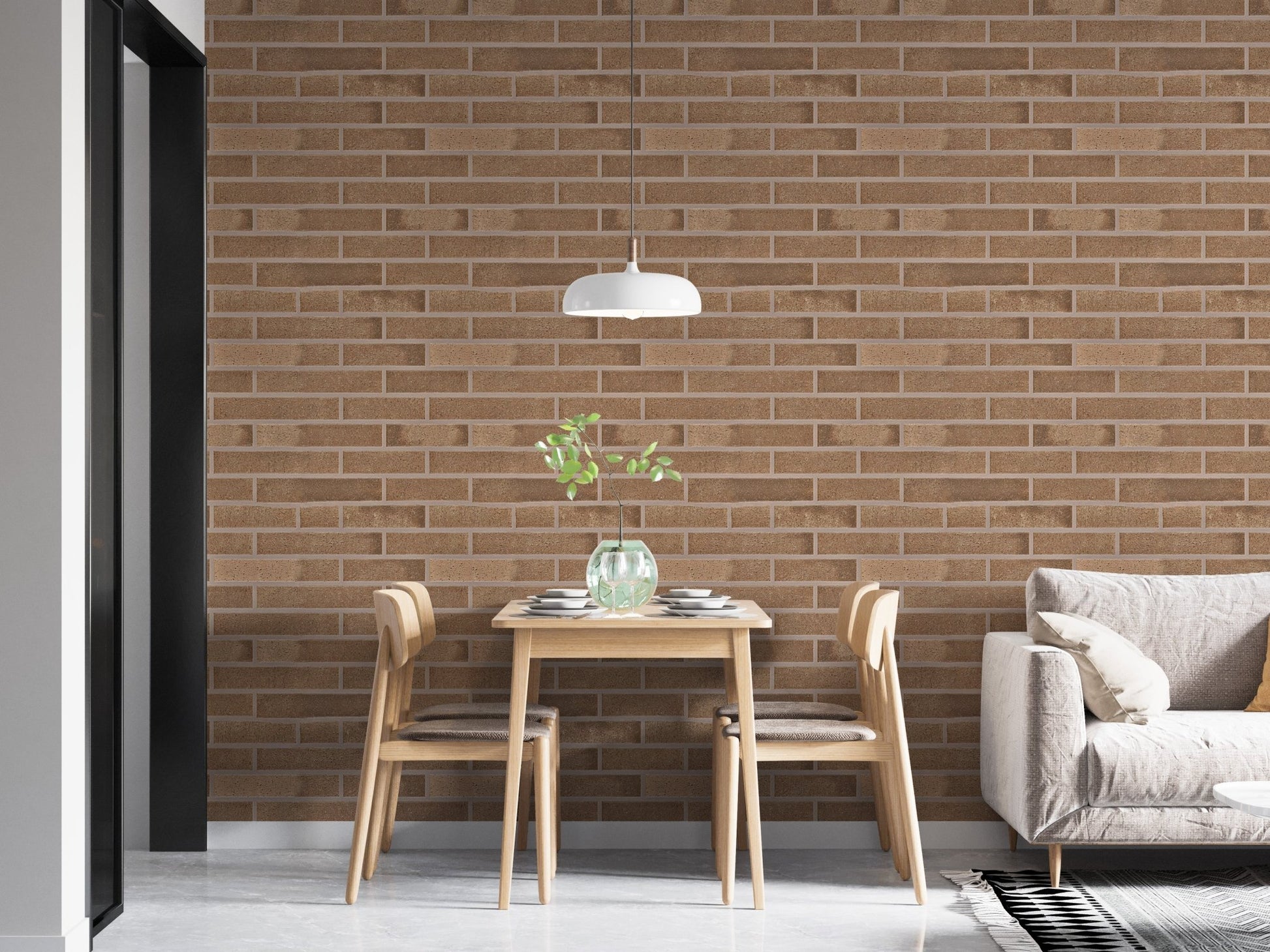 Warm beige brick self-adhesive wallpaper in minimal dining space.